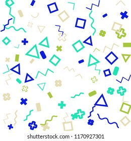 Memphis background.  Retro background with different color figures for poster or print. Memphis background with figures of different forms and colors for your design. Vector texture.