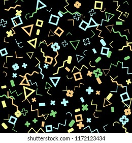Memphis background.  Retro background with different color figures for card or banner. Memphis background with figures of different forms and colors for your design. Vector texture.