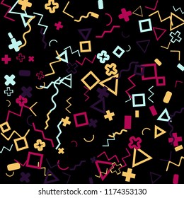 Memphis background.  Retro background with different color figures for poster or print. Memphis background with figures of different forms and colors for your design. Vector texture.