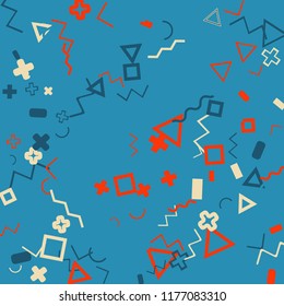 Memphis background.  Retro background with different  color figures for poster or card. Abstract memphis background with geometric colorful figures for your design. Vector texture.