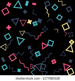 Memphis background.  Retro background with different color figures for poster or print. Memphis background with figures of different forms and colors for your design. Vector texture.