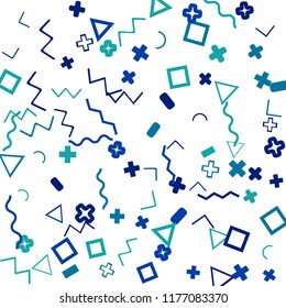 Memphis background.  Retro background with different color figures for card or banner. Memphis background with figures of different forms and colors for your design. Vector texture.