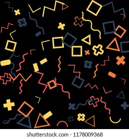 Memphis background.  Retro background with different color figures for mobile application or poster. Memphis background with figures of different forms and colors for your design. Vector texture.