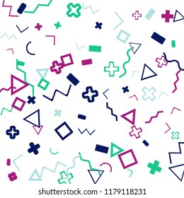 Memphis background.  Retro background with different color figures for print or mobile application. Memphis background with figures of different forms and colors for your design. Vector texture.