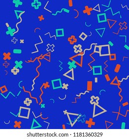 Memphis background.  Retro background with different  color figures for print or card. Abstract memphis background with geometric colorful figures for your design. Vector texture.