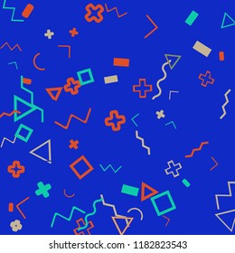 Memphis background.  Retro background with different  color figures for print or card. Abstract memphis background with geometric colorful figures for your design. Vector texture.