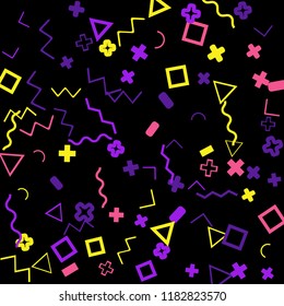 Memphis background.  Retro background with different color figures for card or banner. Memphis background with figures of different forms and colors for your design. Vector texture.