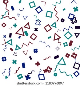 Memphis background.  Retro background with different color figures for mobile application or poster. Memphis background with figures of different forms and colors for your design. Vector texture.