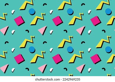 Memphis background. Retro background with different color figures for poster or card. Abstract memphis background with geometric colorful figures for your design. Vector texture. Vector illustration