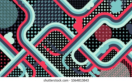 Memphis background. Retro pattern with color strips and different elements for textile or wallpaper. Retro Pattern with Color Elements for your Design. Vector Texture.