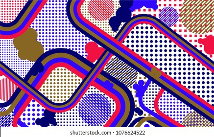 Memphis background. Retro pattern with color strips and different elements for paper or print. Retro-Fututristic Background with Color Elements in Disco Style. Vector Texture.