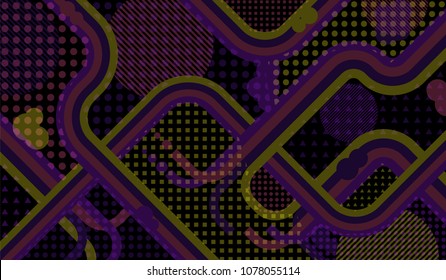 Memphis background. Retro pattern with color strips and different elements for card or flyer. Retro-Fututristic Background with Color Elements in Disco Style. Vector Texture.