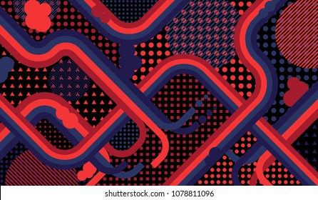 Memphis background. Retro pattern with color strips and different elements for textile or wallpaper. Pop-Art Style. Vintage Background with Color Elements in Disco Style. Vector Texture.