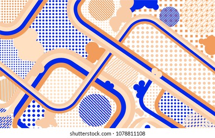 Memphis background. Retro pattern with color strips and different elements for card or flyer. Retro Pattern with Color Elements for your Design. Vector Texture.