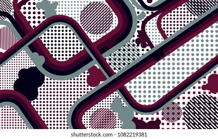Memphis background. Retro pattern with color strips and different elements for banner or mobile application. Retro Pattern with Color Elements for your Design. Vector Texture.