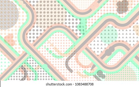 Memphis background. Retro pattern with color strips and different elements for card or flyer. Retro-Fututristic Background with Color Elements in Disco Style. Vector Texture.