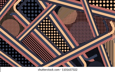 Memphis background. Retro pattern with color strips and different elements for banner or mobile application. Pop-Art Style. Vintage Background with Color Elements in Disco Style. Vector Texture.