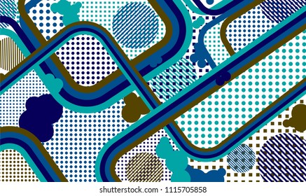 Memphis background. Retro pattern with color strips and different elements for banner or mobile application. Retro-Fututristic Background with Color Elements in Disco Style. Vector Texture.