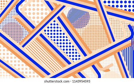 Memphis background. Retro pattern with color strips and different elements for card or flyer. Pop-Art Style. Vintage Background with Color Elements in Disco Style. Vector Texture.