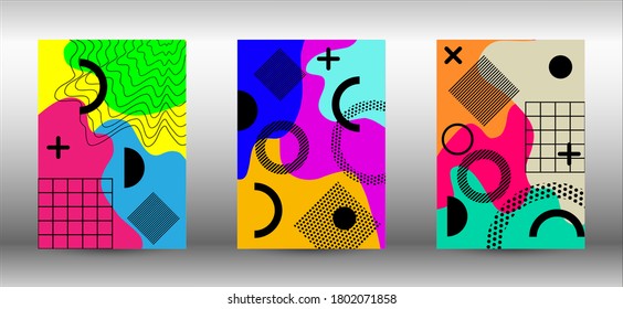 Tapas del conjunto de fondo de Memphis. Colorida ilustración de moda.  Diseño creativo de folleto. Ilustración de banner vector creativo.