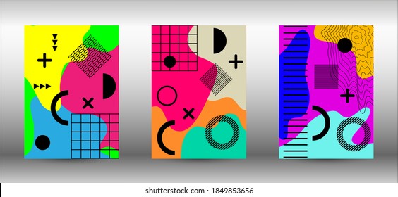 Tapas del conjunto de fondo de Memphis. Colorida ilustración de moda.  Diseño creativo de folleto. Ilustración de banner vector creativo.