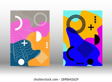 Tapas del conjunto de fondo de Memphis. Colorida ilustración de moda.  Diseño creativo de folleto. Ilustración de banner vector creativo.