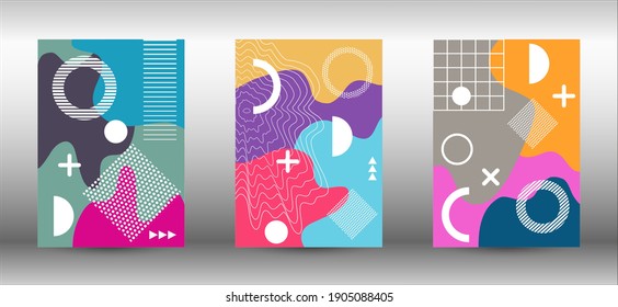Memphis-Hintergrunddecken. Farbige, trendige Illustration.  Farbiges geometrisches Hintergrunddesign. Kreative Vektorbanner-Illustration.