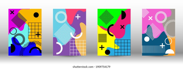 Memphis background set covers. Colorful trendy illustration.  Minimal geometric shape. Creative vector banner illustration.