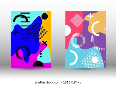 Tapas del conjunto de fondo de Memphis. Colorida ilustración de moda.  Diseño de fondo geométrico colorido. Ilustración de banner vector creativo.