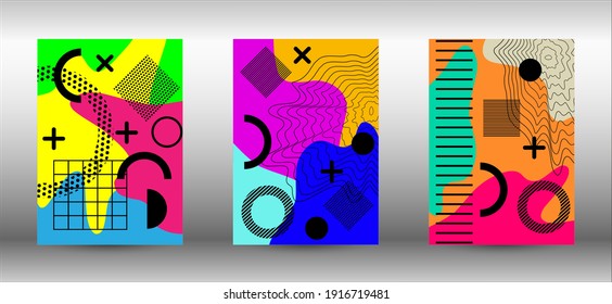Tapas del conjunto de fondo de Memphis. Colorida ilustración de moda.  Diseño creativo de folleto. Ilustración de banner vector creativo.