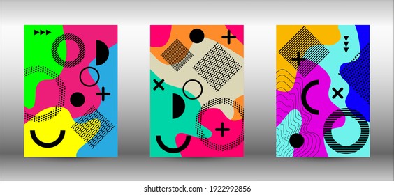 Memphis background set covers. Colorful trendy illustration.  Brochure creative design. Creative vector banner illustration.