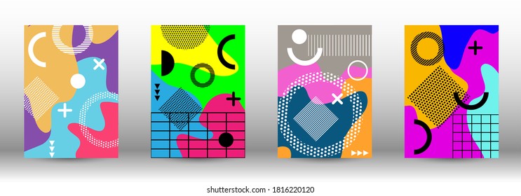 Tapas del conjunto de fondo de Memphis. Ilustración vectorial abstracta de moda. Forma geométrica mínima. Ilustración de banner vector creativo.