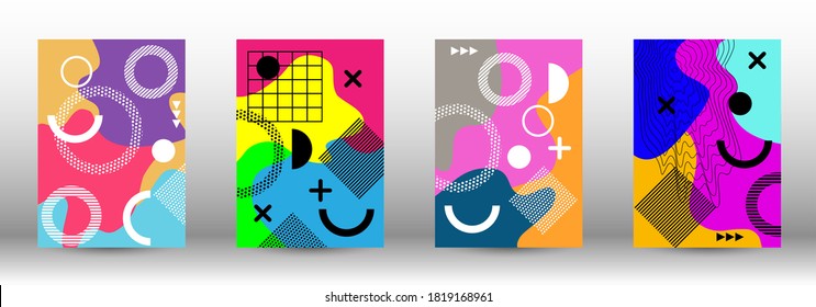 Memphis background set covers. Trendy abstract vector illustration. Minimal geometric shape. Creative vector banner illustration.