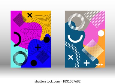 Memphis-Hintergrunddecken. Trendy abstrakte Vektorgrafik. Farbiges geometrisches Hintergrunddesign. Kreative Vektorbanner-Illustration.