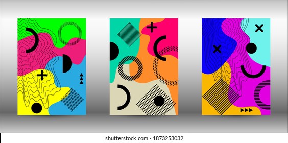 Tapas del conjunto de fondo de Memphis. Ilustración vectorial abstracta de moda. Diseño creativo de folleto. Ilustración de banner vector creativo.