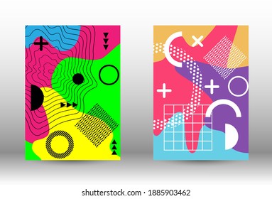 Memphis background set covers. Trendy abstract vector illustration. Minimal geometric shape. Creative vector banner illustration.