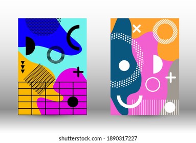 Tapas del conjunto de fondo de Memphis. Ilustración vectorial abstracta de moda. Resumen del elegante fondo. Ilustración de banner vector creativo.