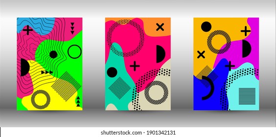 Tapas del conjunto de fondo de Memphis. Ilustración vectorial abstracta de moda. Resumen del elegante fondo. Ilustración de banner vector creativo.