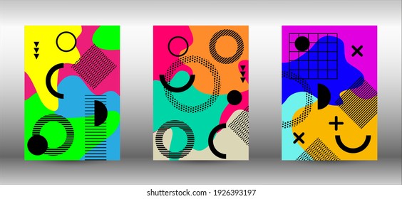 Tapas del conjunto de fondo de Memphis. Ilustración vectorial abstracta de moda. Diseño creativo de folleto. Ilustración de banner vector creativo.