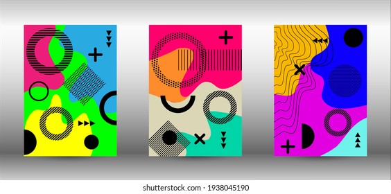 Memphis background set covers. Trendy abstract vector illustration. Colorful geometric background design. Creative vector banner illustration.