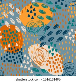 Memphis background for textile print, cover, wallpaper and interior design. Vector organic seamless pattern, hand-drawn doodles texture