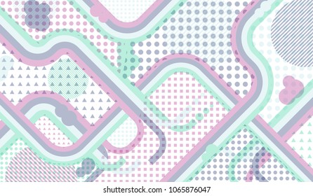 Memphis background. Trendy background with color lines and different elements for textile or wallpaper. Pop-Art Style. Vintage Background with Color Elements in Disco Style. Vector Texture.