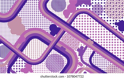 Memphis background. Trendy background with color lines and different elements for paper or print. Retro-Fututristic Background with Color Elements in Disco Style. Vector Texture.