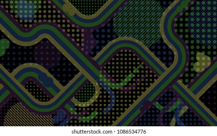 Memphis background. Trendy background with color lines and different elements for paper or print. Pop-Art Style. Vintage Background with Color Elements in Disco Style. Vector Texture.