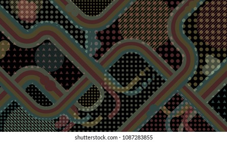 Memphis background. Trendy background with color lines and different elements for card or flyer. Retro Pattern with Color Elements for your Design. Vector Texture.