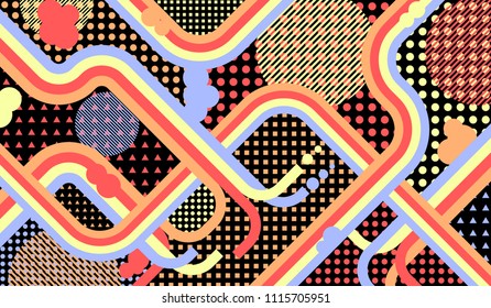 Memphis background. Trendy background with color lines and different elements for card or flyer. Pop-Art Style. Vintage Background with Color Elements in Disco Style. Vector Texture.