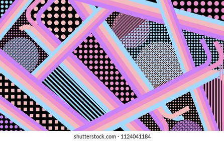 Memphis background. Trendy background with color lines and different elements for textile or wallpaper. Pop-Art Style. Vintage Background with Color Elements in Disco Style. Vector Texture.