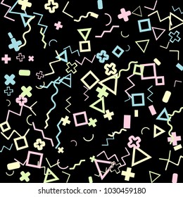 Memphis background.  Trendy background with different color figures for poster or print. Memphis background with figures of different forms and colors for your design. Vector texture.