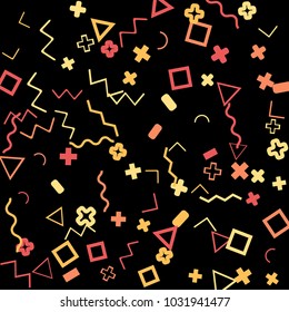 Memphis background.  Trendy background with different color figures for card or banner. Memphis background with figures of different forms and colors for your design. Vector texture.