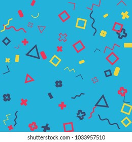 Memphis background.  Trendy background with different  color figures for poster or card. Abstract memphis background with geometric colorful figures for your design. Vector texture.